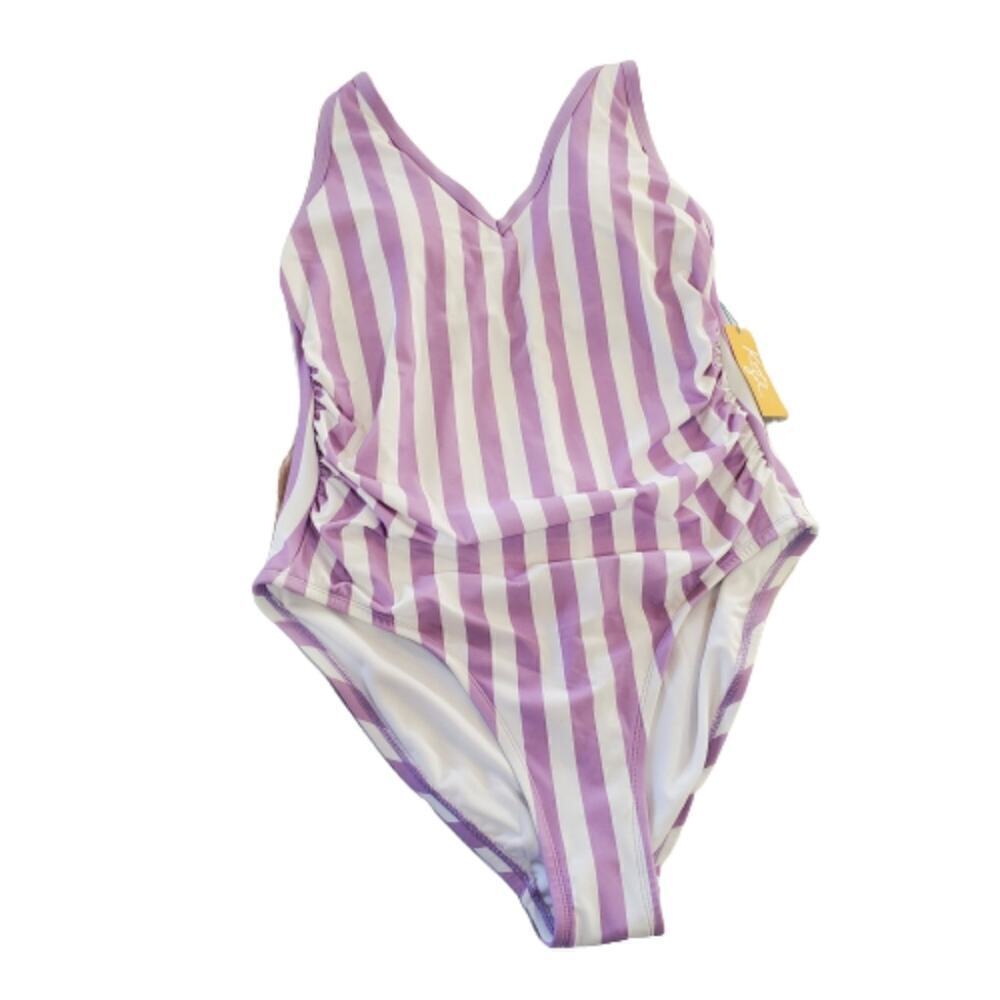 Kona Sol Swimsuit Womens Size 14 W Purple Striped V-neck One Piece Glam Retro C